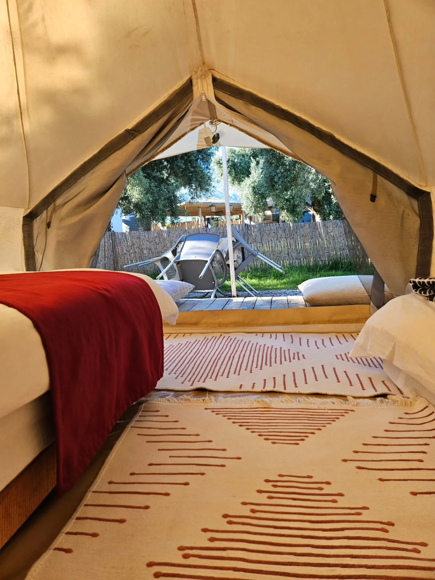Tent interior with twin beds