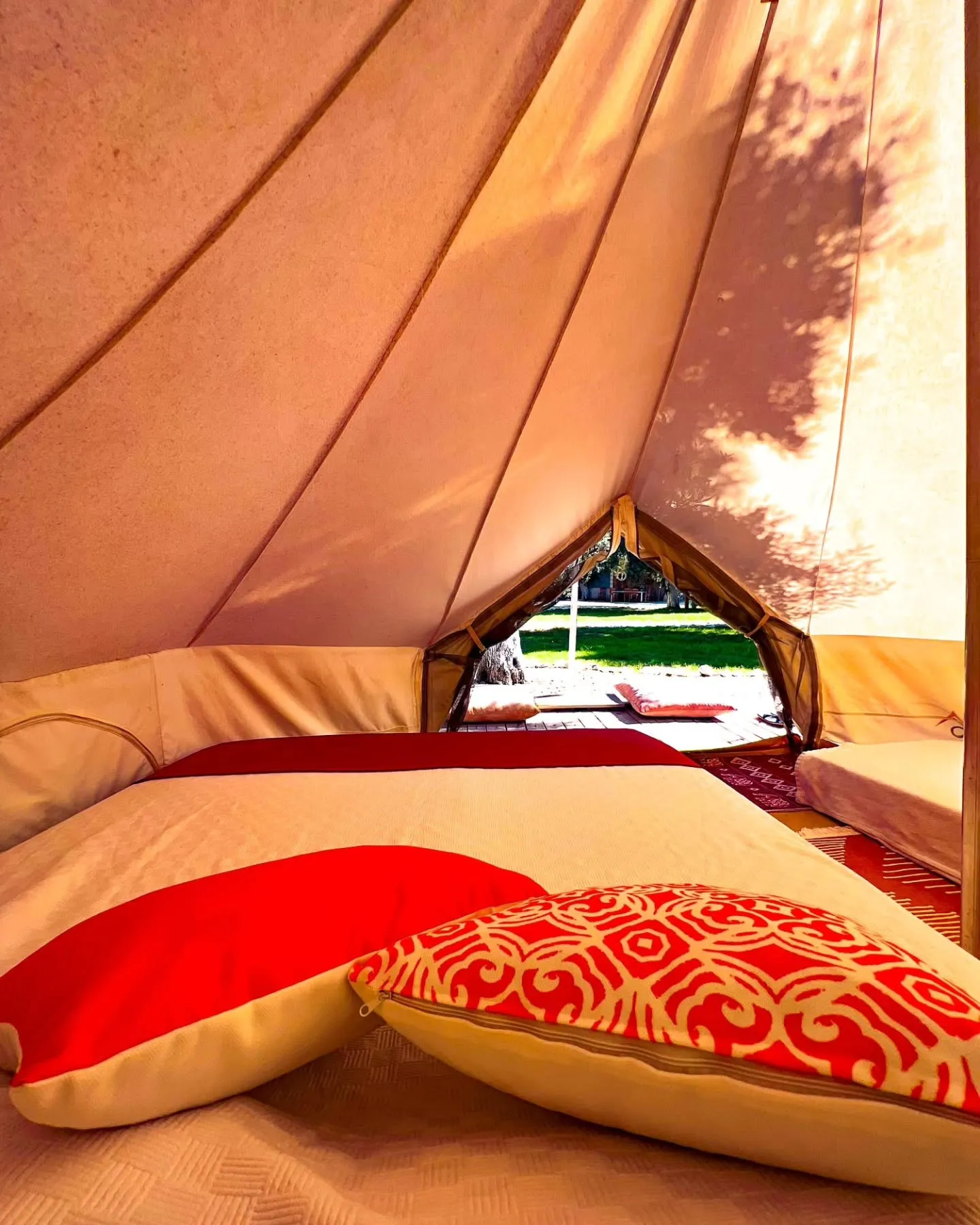 Tent interior at golden hour